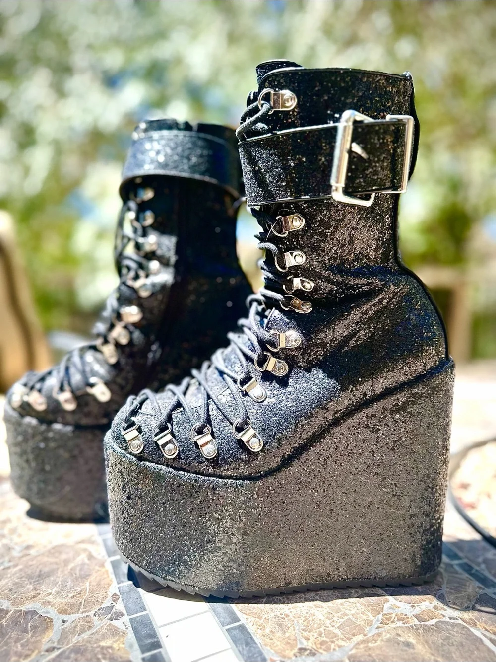 Dolls Kill Black Glitter Platform Lace-Up Ankle Boots with Buckle Strap